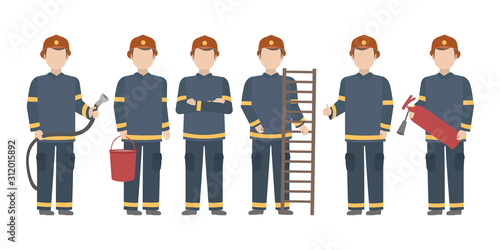 Firefighter standing in diverse poses. Vector.