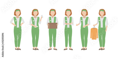 Saleswoman in green uniform standing in diverse poses. Vector.