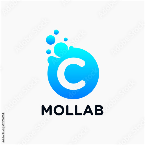 initial Letter C with molecule element. Lab, liquid, atom Design concept. Design Vector with Dots and Bubbles. perfect for technology, digital, software, network and science brand. - vector
