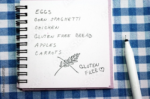 Gluten free diet concept, shopping list photo