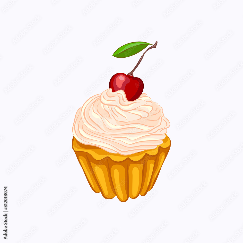 Vanilla cupcake with cream and cherry isolated Vanilla cupcake with cream and cherry isolated
