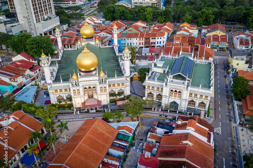 Photography Bugis, Singapore Dec 01/2019 Aerial view of singapore with Masjid Sultan