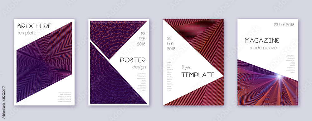 Triangle brochure design template set. Violet abst