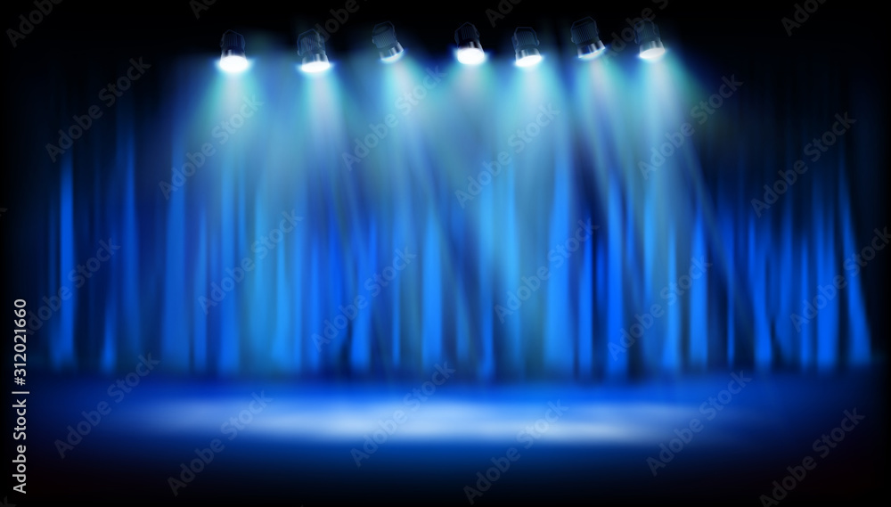 Theater platform with blue curtain. Show on the stage. Spotlights on blue background. Vector illustration.