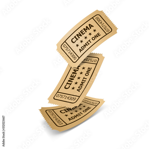 Falling Three Vintage Retro Cinema Tickets Made of Yellow Textured Paper on White Background with Shadows. Vintage Retro Cinema Creative Concept
