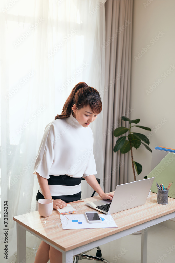 Young Asian businesswoman working with laptop and standing behind the desk at home. Young Asian businesswoman working with laptop and standing behind the desk at home.