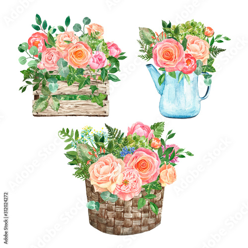 Watercolor set of spring flower bouquets in vase and basket, isolated on whit...