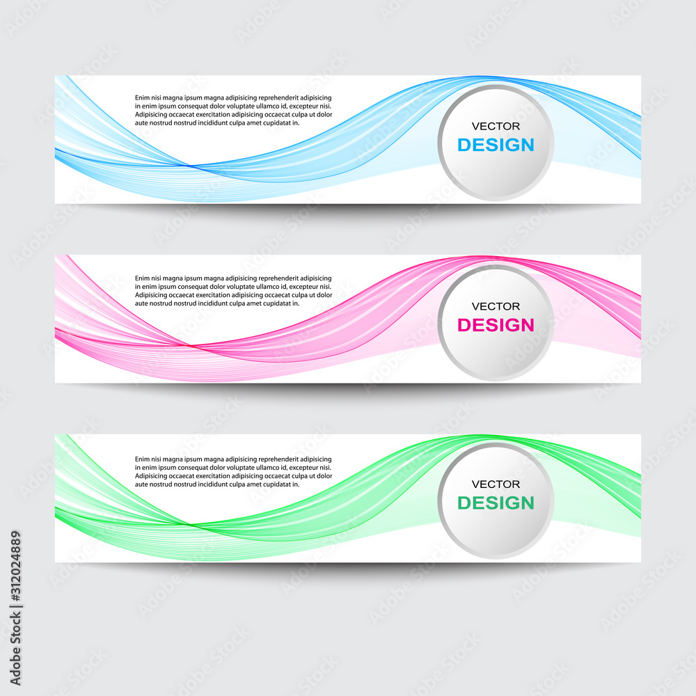 Fototapeta premium Vector set of banners with colored waves-blue, pink, green.