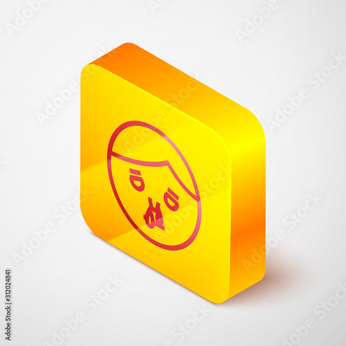 Isometric line Runny nose icon isolated on grey background. Rhinitis symptoms, treatment. Nose and sneezing. Nasal diseases. Yellow square button. Vector Illustration
