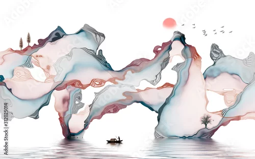 Fototapeta Ink landscape decorative painting abstract color art line background