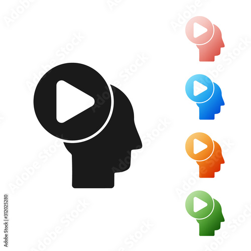 Black Head people with play button icon isolated on white background. Set icons colorful. Vector Illustration