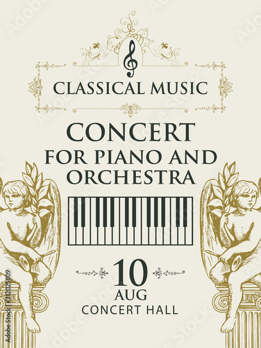 Vector poster for classical music concert with piano keyboard and sculptures of angels in retro style on a light background. Suitable for flyer, invitation, playbill, web design and other advertising