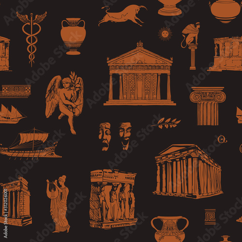Vector seamless pattern on the theme of Ancient Greece with hand-drawn illustrations in black and orange colors. Wallpaper, wrapping paper or fabric, ancient Greek culture and architecture symbols