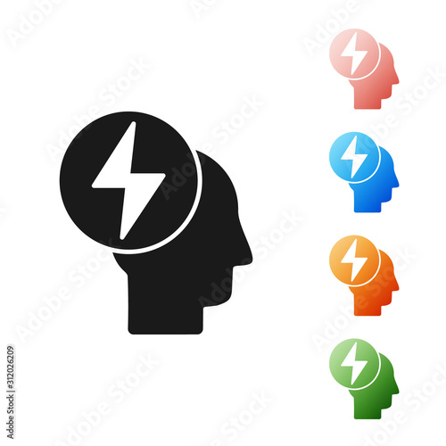 Black Head and electric symbol icon isolated on white background. Set icons colorful. Vector Illustration