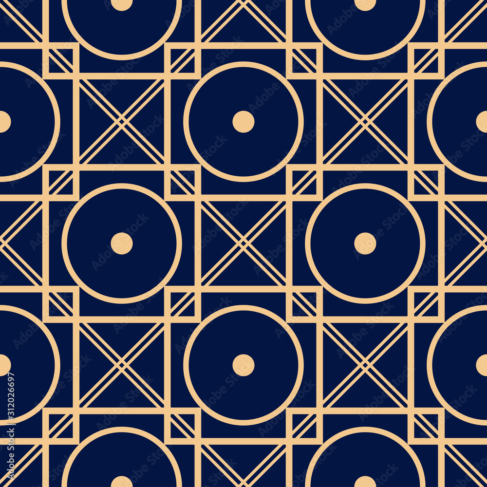 Geometric seamless pattern. Golden print on dark blue background Geometric seamless pattern. Golden print on dark blue background