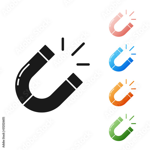 Black Magnet icon isolated on white background. Horseshoe magnet, magnetism, magnetize, attraction. Set icons colorful. Vector Illustration