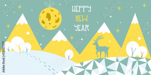 Happy New Year holiday background. Christmas and New Year night, white snow, stars, mountains, trees, deer and moon in grey and yellow colors. Vector flat illustration. EPS 10