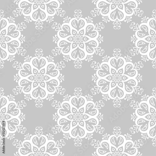 Floral seamless pattern. White flowers on gray monochrome background
