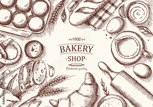 Bakery background. Linear graphic. Bread and pastry collection. Engraved top view illustration. 
