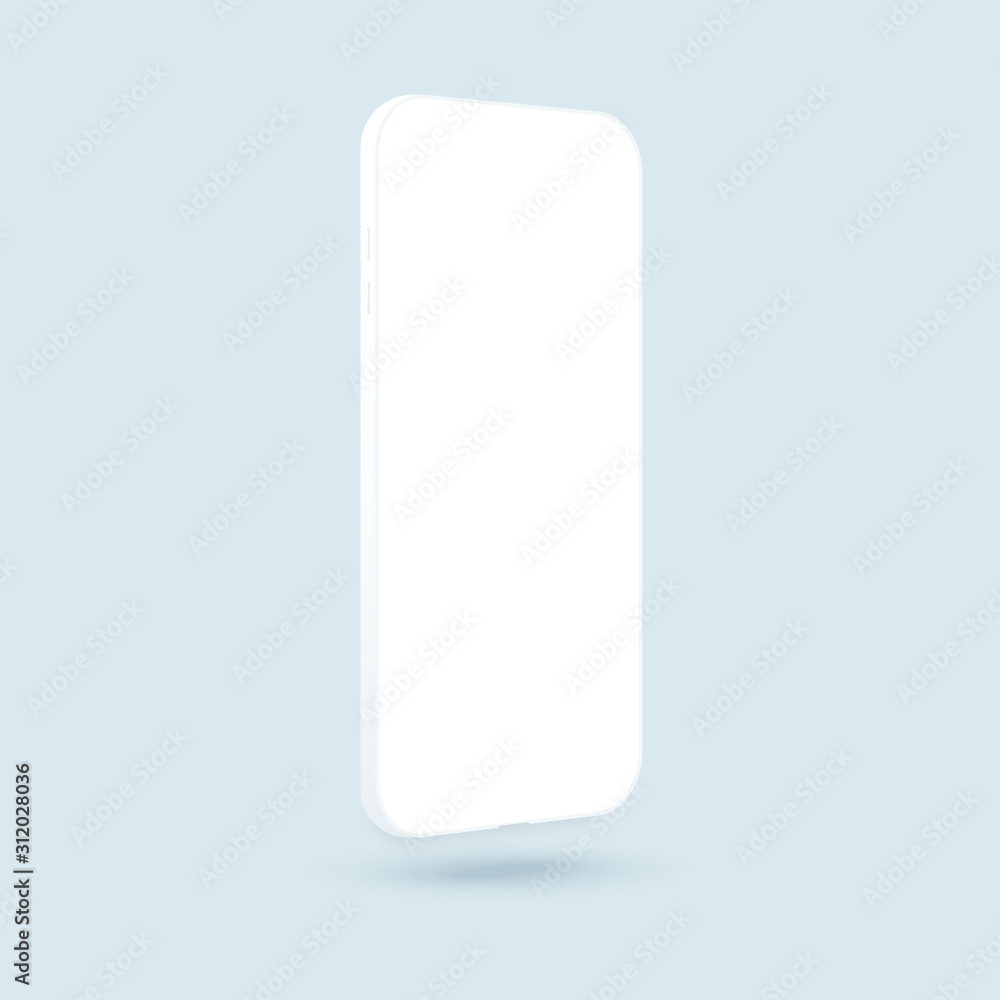White smartphone vector mockup. Trendy clay mobile phone template with blank screen for design app. Side view mock up. Clean device model.