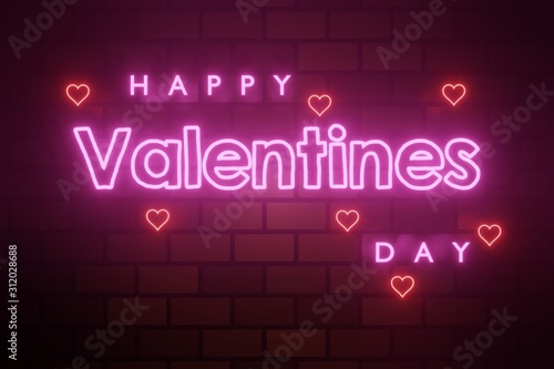 The inscription in neon letters of Happy Valentine's Day with red hearts on the background of the brown setna.