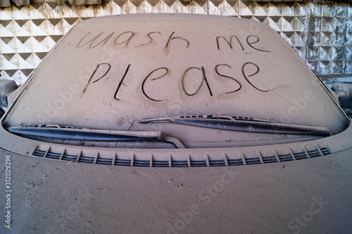  Very dirty car. The inscription on the windshield, Wash me please.