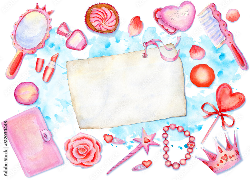 Watercolor composition with little princess accessories on blue splattered background and sheet of paper