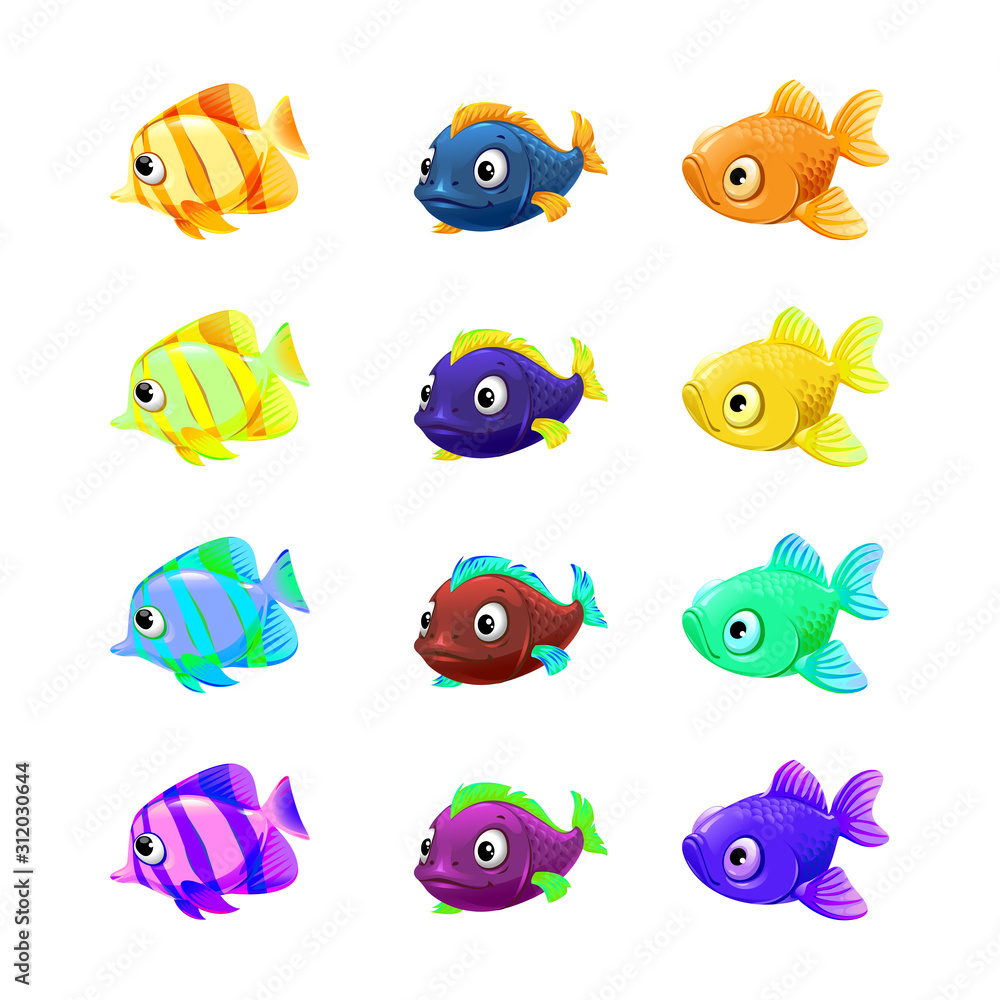 vector set of cute pet shop, fish, tropical fish, aquarium fish, clown fish, sardines, goldfish, sailboat