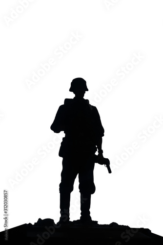 Silhouette of a soldier in uniform, isolated black on a white background