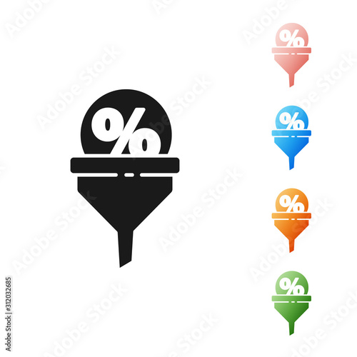 Black Lead management icon isolated on white background. Funnel with discount percent. Target client business concept. Set icons colorful. Vector Illustration