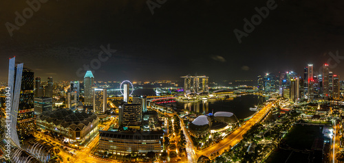 Photography Aerial panoramic picture of Singapore skyline and gardens by the bay during prep