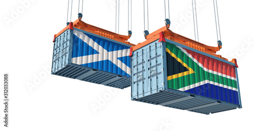 Freight container with South Africa and Scotland national flag - isolated on white. 3D Rendering