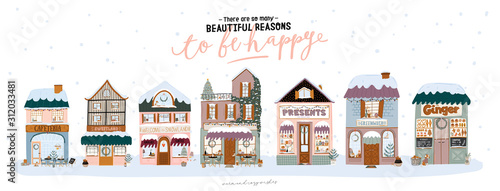 Collection of cute winter house, shop, store, cafe and restaurant isolated on white background. Christmas holiday season. Flat vector illustration in trendy scandinavian style. European city