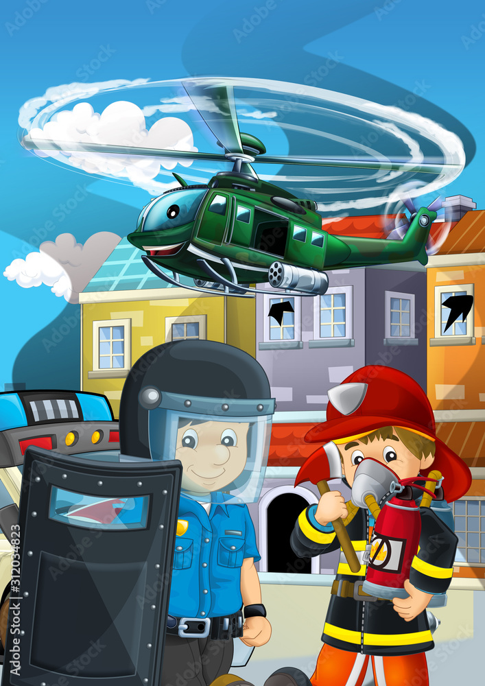Fototapeta premium cartoon scene with police car vehicle on the road and military helicopter flying - illustration