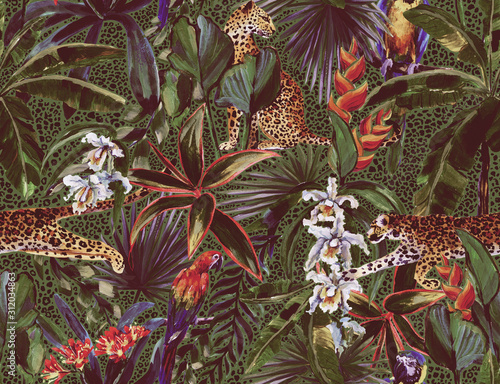 Tropical seamless pattern with tropical flowers, banana leaves and panther, leopard, cougar, wildcat, parrot. Luxury background photo