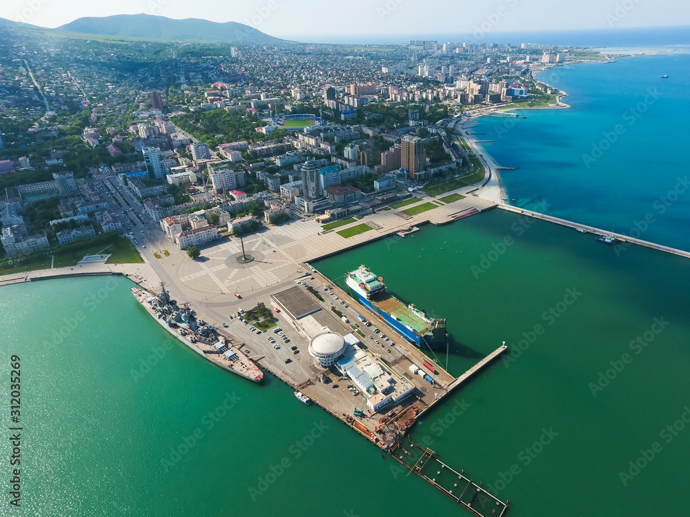 Top view of the marina and quay of Novorossiysk. Urban landscape
