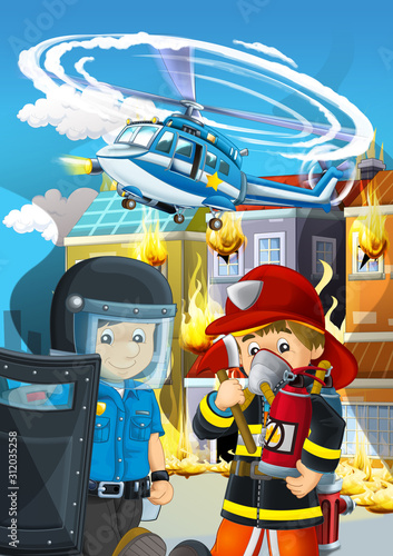 cartoon stage with fireman fire fighting near some building smoking - illustration for children