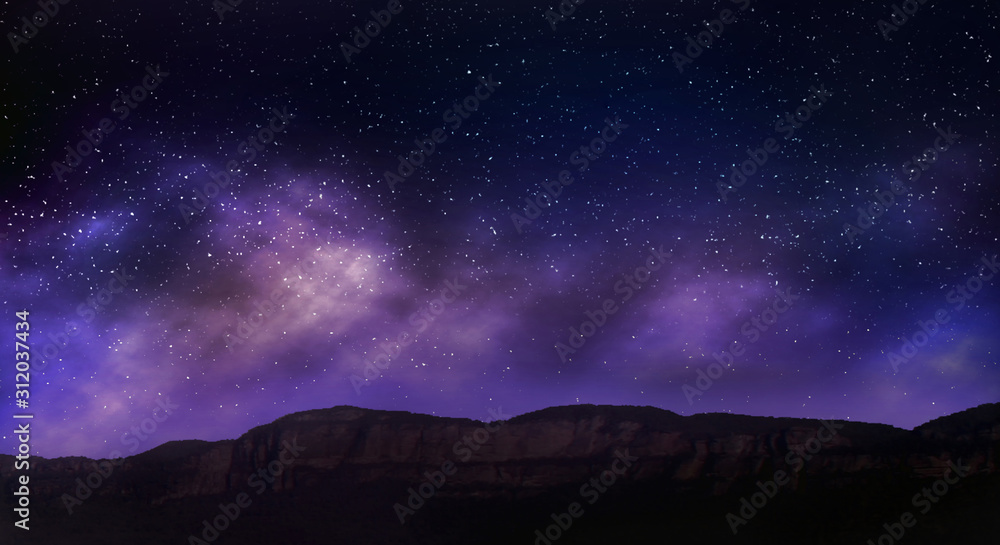 Night sky stars on mountains background.