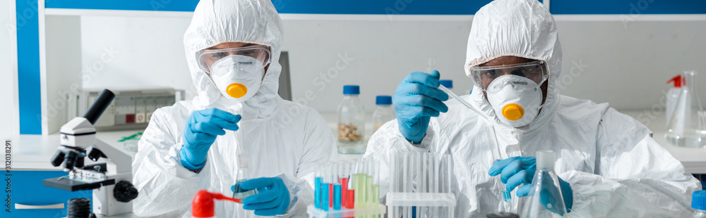 Fototapeta premium panoramic shot of multicultural scientists doing dna test in lab
