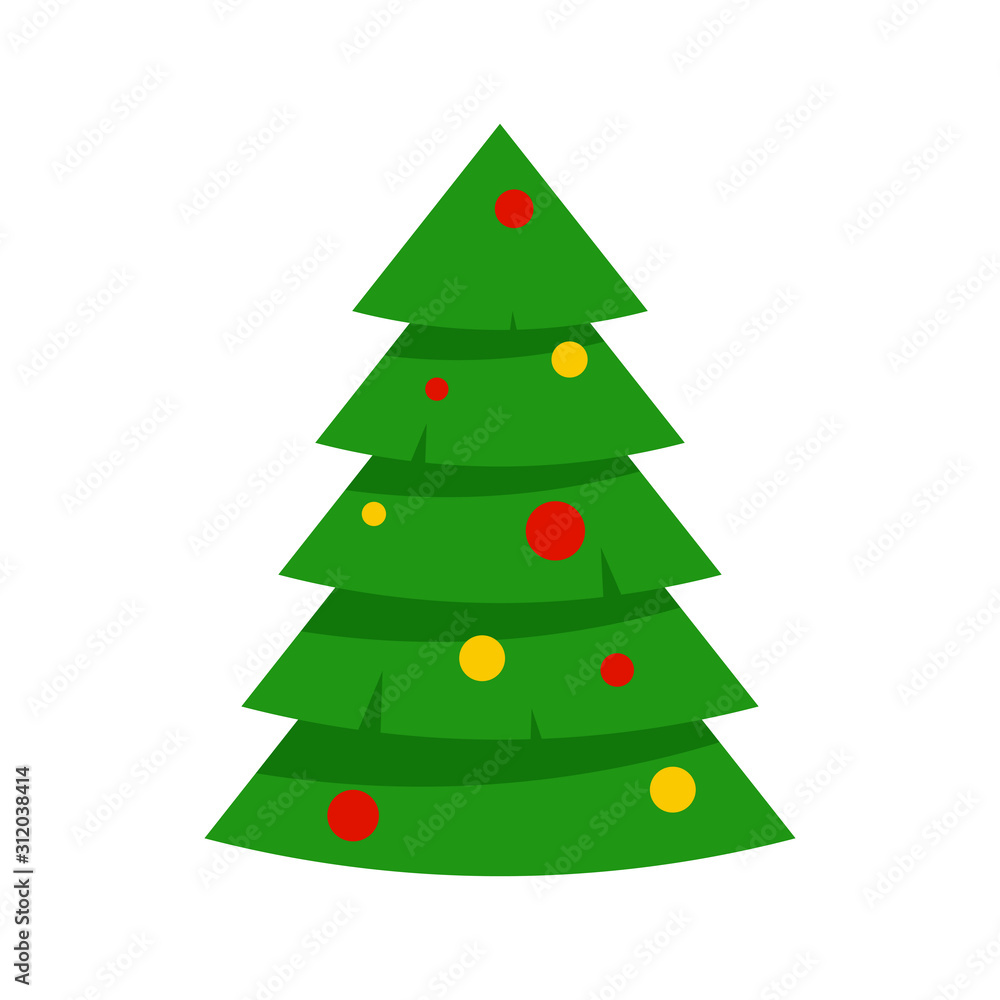 Green christmas tree with festive decorations isolated on a white background. Vector flat illustration for greeting card, poster, invitation, web banner. Green christmas tree with festive decorations isolated on a white background. Vector flat illustration for greeting card, poster, invitation, web banner.