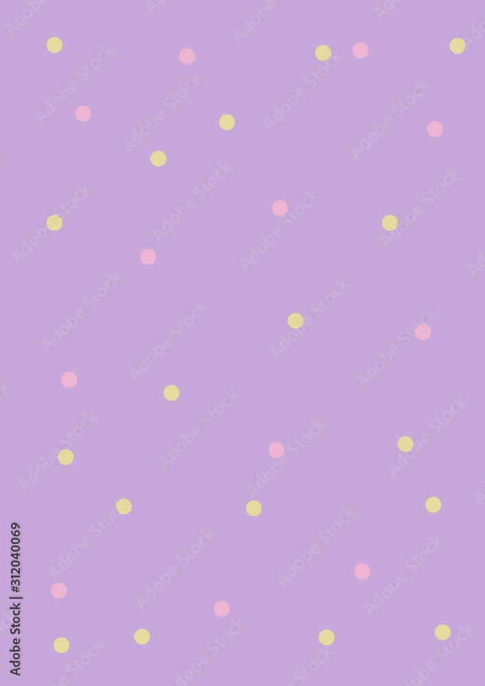 Pastel pink, yellow polka dot seamless pattern on pastel purple background. Round polygon stone texture. Abstract background, greeting cards. Print. Cloth design, wallpaper.
