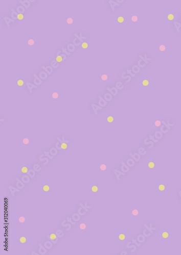 Pastel pink, yellow polka dot seamless pattern on pastel purple background. Round polygon stone texture. Abstract background, greeting cards. Print. Cloth design, wallpaper.