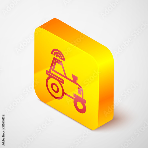 Isometric line Self driving wireless tractor on a smart farm icon isolated on grey background. Smart agriculture implement element. Yellow square button. Vector Illustration