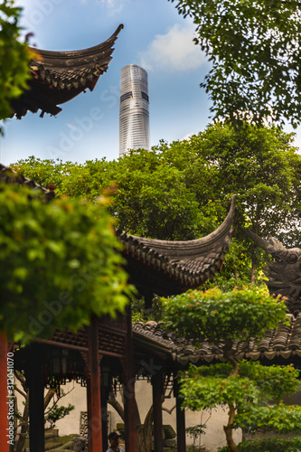 Top of Oriental Pearl Tower as seen from Yu Garden, Shanghai, China