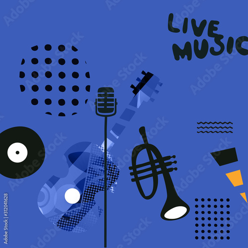 Music promotional poster with microphone, trumpet and guitar vector illustration. Artistic music background with instruments, music show, live concert events, party flyer design template