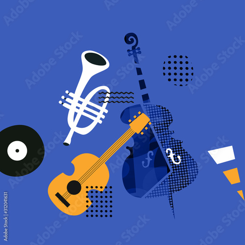 Music promotional poster with violoncello, trumpet and guitar vector illustration. Artistic music background with instruments, music show, live concert events, party flyer design template