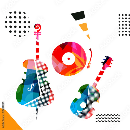 Colorful music promotional poster with violoncello, guitar and vinyl record disc isolated vector illustration. Artistic music background, music show, live concert events, party flyer design template