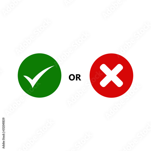 Tick and cross signs. Green checkmark OK and red X icons, isolated on white background. Simple marks graphic design. symbols YES and NO button for vote, decision, web. Vector illustration