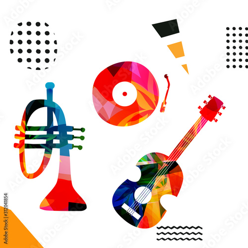 Photography Colorful music promotional poster with trumpet, guitar and vinyl record disc isolated vector illustration