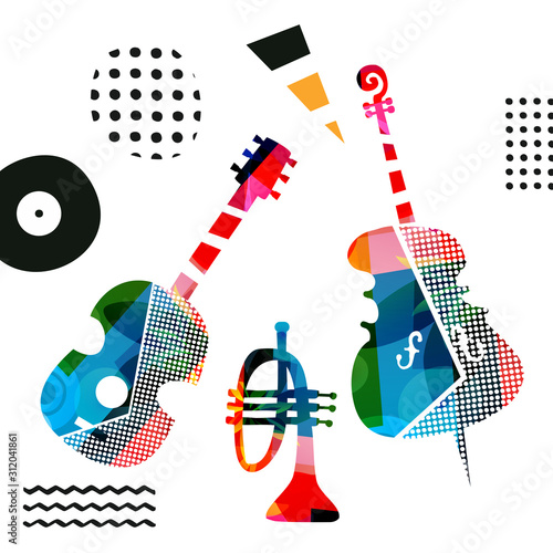 Colorful music promotional poster with violoncello, trumpet and guitar isolated vector illustration. Artistic music background, music show, live concert events, party flyer design template